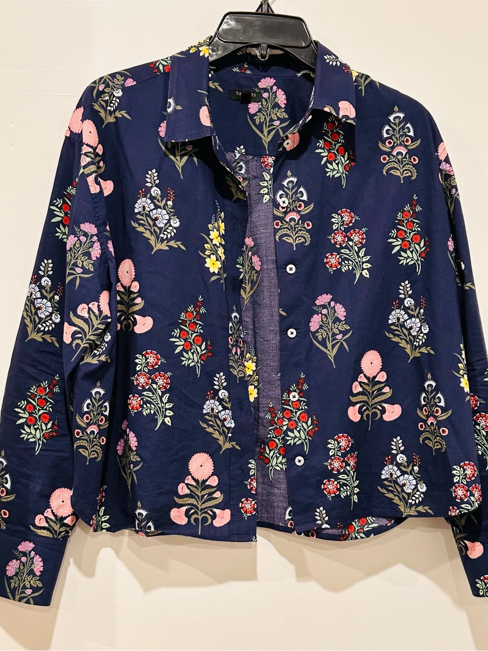 Talbots Navy Petite Floral Blouse with Pink and Green Accents